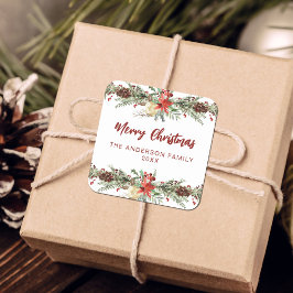 Adesivo Quadrado Rustic Watercolor Botanical Merry Christmas