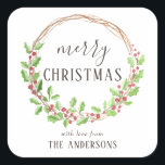 Adesivo Quadrado Rustic Watercolor Holly Wreath Felry Natal<br><div class="desc">Rustic Watercolor Holly Wreath Feliz Natal por Eugene Designs.</div>