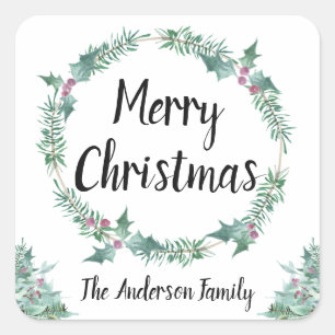 Adesivo Quadrado Rustic Watercolor Holly Wreath Felry Natal