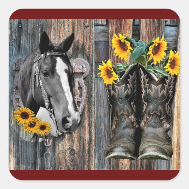 Adesivo Quadrado Rustic Western Horse Cowboy Botas Sunflower (Frente)