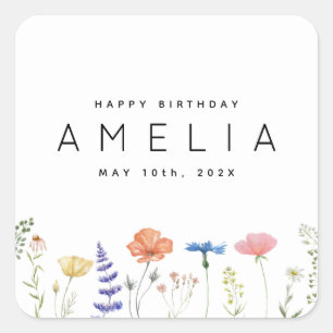 Adesivo Quadrado Rustic Wildflower Happy Birthday Name