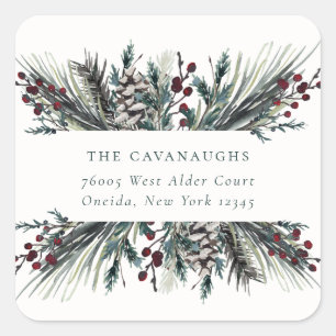 Adesivo Quadrado Rustic Winter Boughs Holiday Address