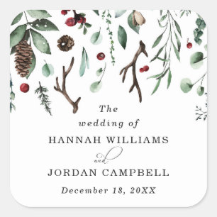 Adesivo Quadrado Rustic Winter Greenery Red Christmas Berries