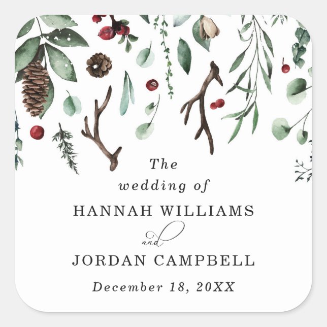 Adesivo Quadrado Rustic Winter Greenery Red Christmas Berries (Frente)