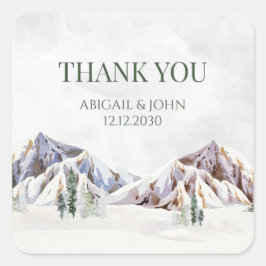Adesivo Quadrado Rustic Winter Mountain Thank You Wedding Favor Tag