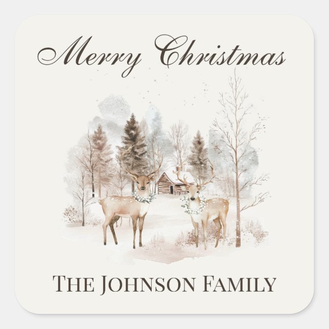 Adesivo Quadrado Rustic Winter Watercolor Deer Merry Christmas (Frente)