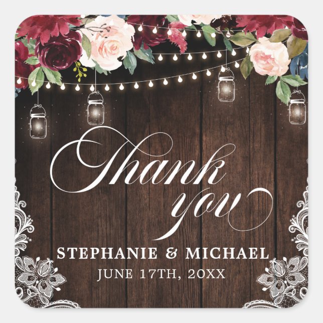 Adesivo Quadrado Rustic Wood Burgundy Floral Mason Jar Wedding (Frente)