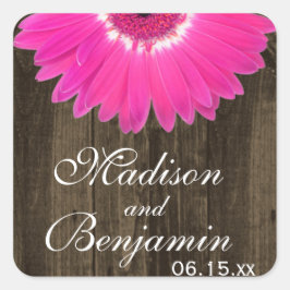 Adesivo Quadrado Rustic Wood Hot Pink Daisy Weding Favor Stickers