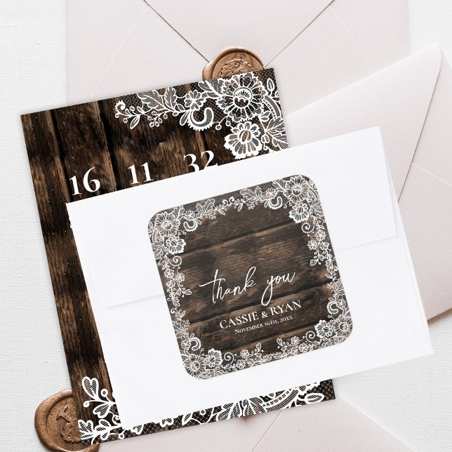 Adesivo Quadrado Rustic Wood Lace Floral Wedding Thank You (Rustic Wood Lace Floral Wedding Thank You Square Sticker)