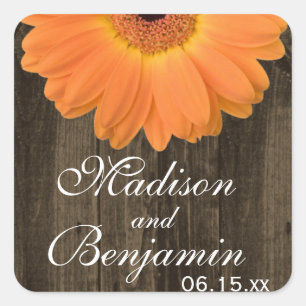 Adesivo Quadrado Rustic Wood Orange Daisy Wedy Favor Stickers