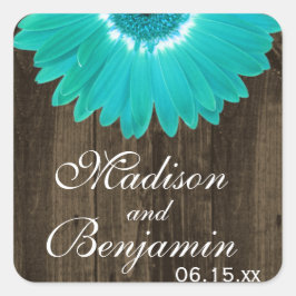 Adesivo Quadrado Rustic Wood Teal Daisy Weding Favor Stickers