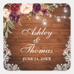Adesivo Quadrado Rústico Casamento Madeira Jar Lights Floral Lace