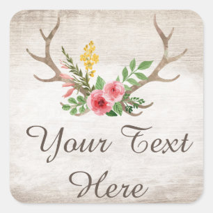 Adesivo Quadrado Rústico Deer Antler Bohemian Floral Watercolor Mad
