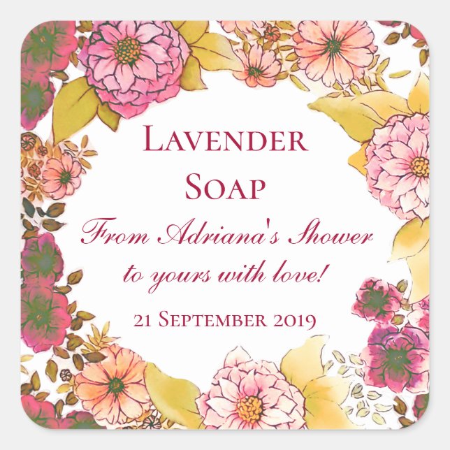 Adesivo Quadrado Sabões Rústicos Rosa para Presentes Florais para C (Frente)