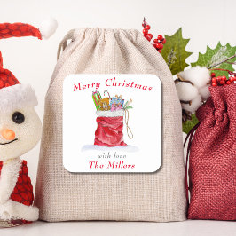 Adesivo Quadrado Saco de Presentes do Papai Noel em Aquarela Natal