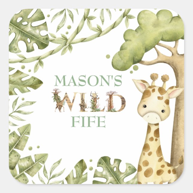 Adesivo Quadrado Safari Wild One Watercolor Birthday (Frente)