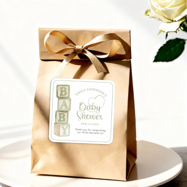 Adesivo Quadrado Sage Baby Blocks Baby Shower Favor Sticker (Baby Shower Sticker)