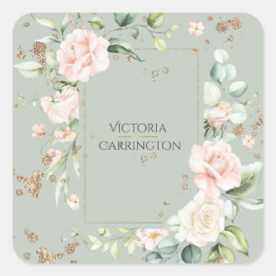 Adesivo Quadrado Sage Bonito Floral de Aquarela Dourada Personaliza