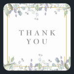 Adesivo Quadrado Sage e Lilac Floral Obrigado por<br><div class="desc">Projetado para coordenar com a nossa coleção de casamentos Sage e Lilac Pastor. Bonito sábio e lilás caem sobre um elegante quadro dourado que envolve seu obrigado que você define em texto elegante clássico. Projetado por Thisnotme©</div>