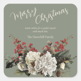 Adesivo Quadrado Sage Green Christmas Floral Custom Family Name