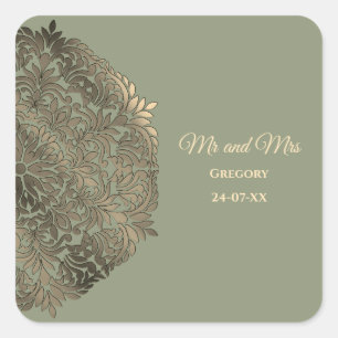 Adesivo Quadrado Sage Green e Dourado Casamento Elegante Luxo