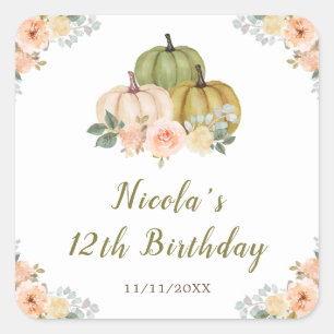 Adesivo Quadrado Sage Green e Peach Floral Pumpkins Aniversário