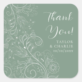 Adesivo Quadrado Sage Green Elegant Floral Weding Obrigado