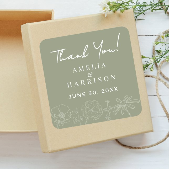 Adesivo Quadrado Sage Green Elegant Floral Weding Obrigado (Sage Green Elegant Floral Wedding Thank You Square Favor Sticker with Couple Names, Wedding Date.)