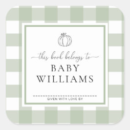 Adesivo Quadrado Sage Green Gingham Pumpkin Bookplate
