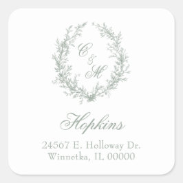 Adesivo Quadrado Sage Green Monograma Floral Wreath Wedes