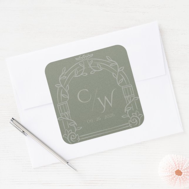 Adesivo Quadrado Sage Green Ornate Arch Botanical Wedding Envelope  (Envelope)