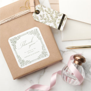 Adesivo Quadrado Sage Green Vintage Frame Elegante Script Obrigado