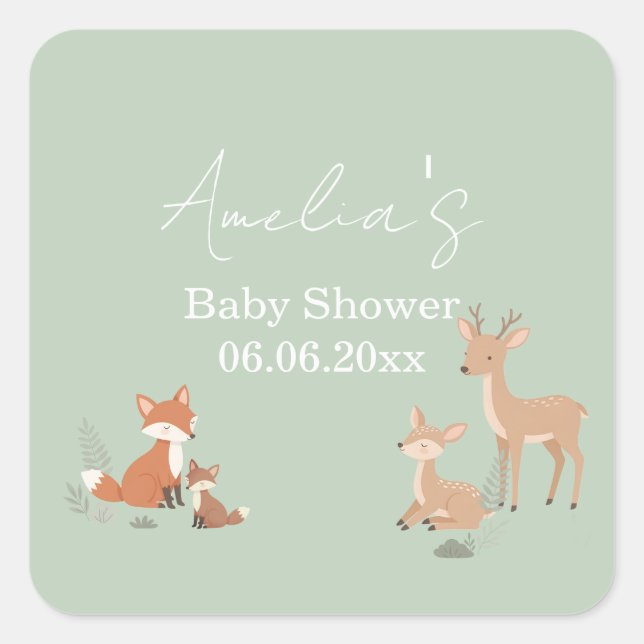 Adesivo Quadrado Sage Green Woodland Animal Baby Shower  (Frente)