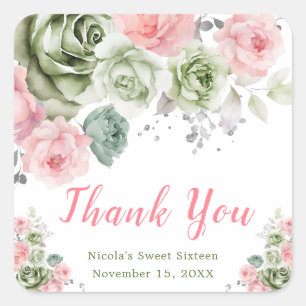 Adesivo Quadrado Sage Verde e Rosa Floral Sweet Sixteen