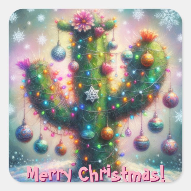 Adesivo Quadrado Saguaro Cactus Whimsical Snowflakes de Natal (Frente)