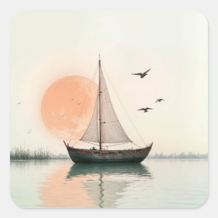 Adesivo Quadrado Saiboat Sunset com gaivotas