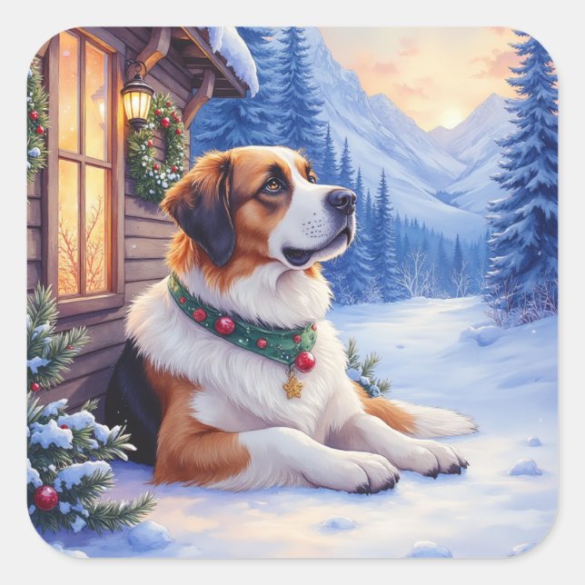 Adesivo Quadrado Saint Bernard Snowy Mountain Lodge Christmas Dog (Frente)