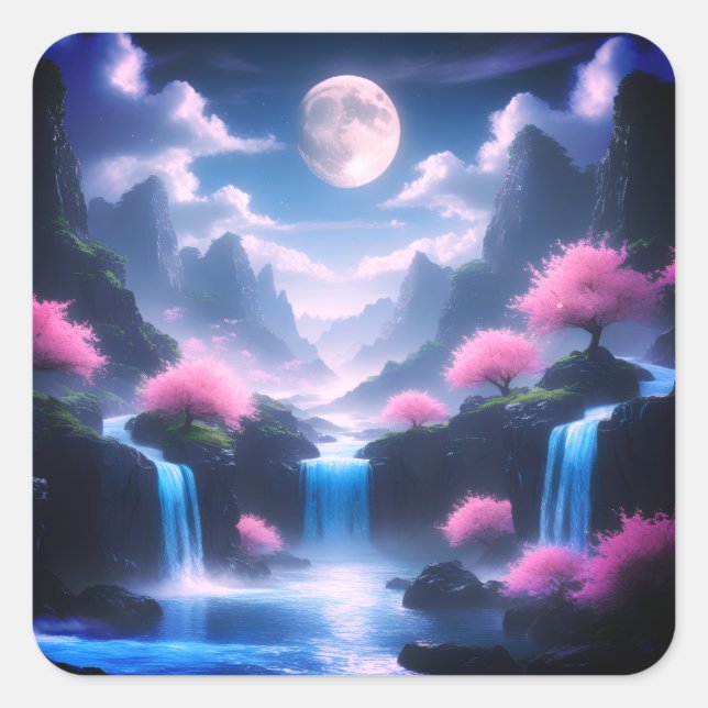 Adesivo Quadrado Sakora tree-Moonlit Waterfall with Cherr-pink (Frente)