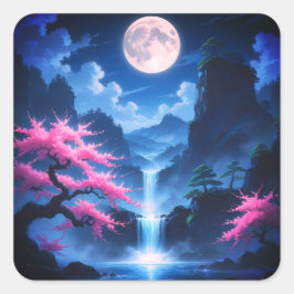 Adesivo Quadrado Sakora tree -Moonlit Waterfall with Cherry-nature