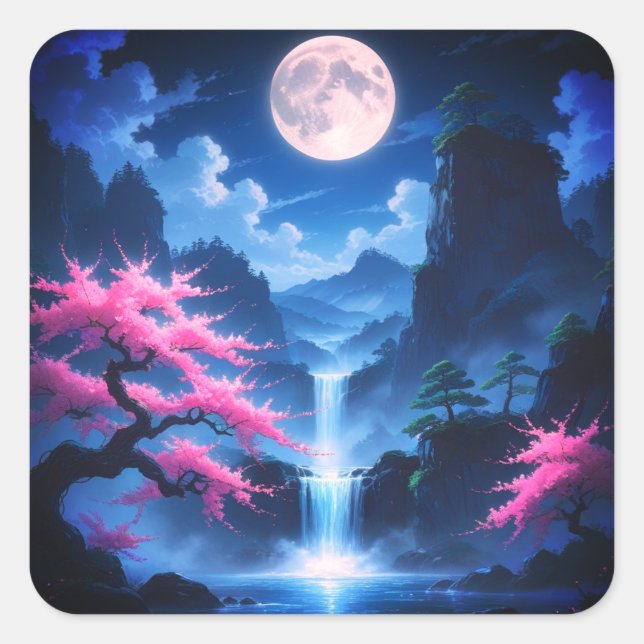 Adesivo Quadrado Sakora tree -Moonlit Waterfall with Cherry-nature (Frente)