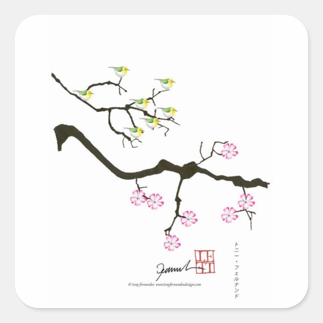 Adesivo Quadrado sakura floresce com aves, tony fernandes (Frente)