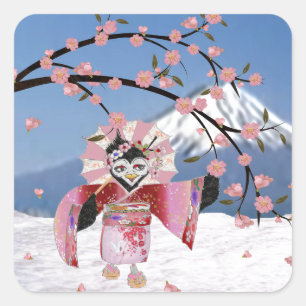 Adesivo Quadrado Sakura Geisha Pássaro na Neve Flores de Cerejeira