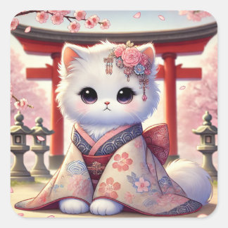 Adesivo Quadrado Sakura Kimono Cat no Japão