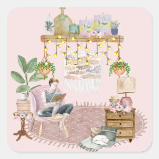 Adesivo Quadrado Sala de Leitura Boho