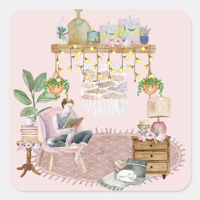 Adesivo Quadrado Sala de Leitura Boho (Frente)