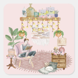 Adesivo Quadrado Sala de Leitura de Boho
