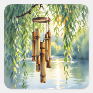 Adesivo Quadrado Salgueiro, Windchimes e lago
