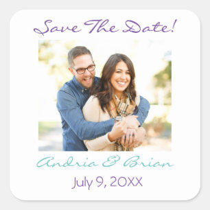 Adesivo Quadrado Salve A Data, DIY Foto & Names Teal White Purple