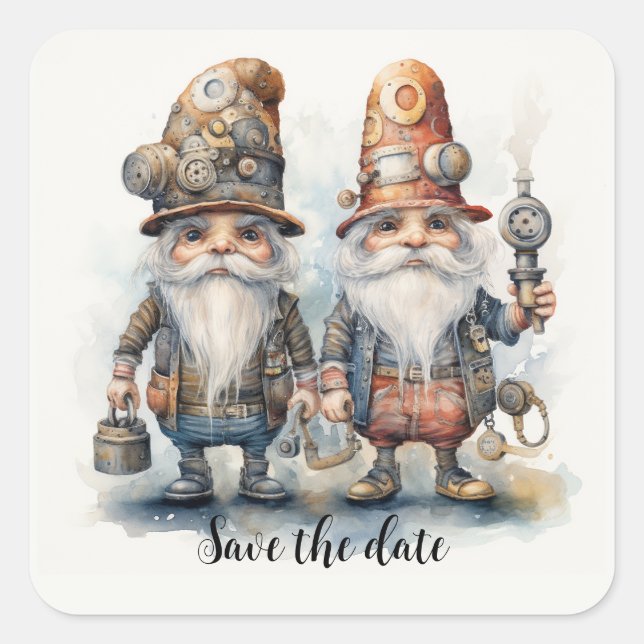 Adesivo Quadrado Salve a data Gnomos com lanterna e ferramentas (Frente)