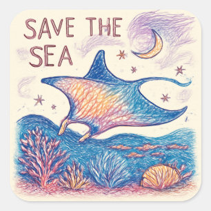 Adesivo Quadrado Salve o Mar - Arte Oceânica a Lápis de Cor